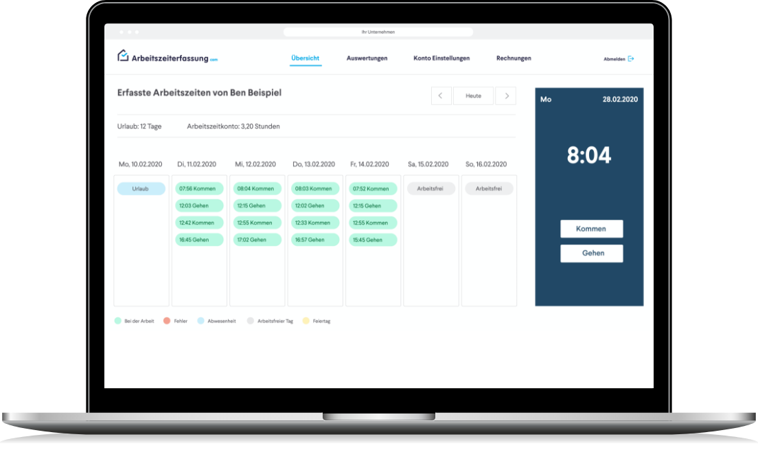 Screenshot Mitarbeiter Wochenübersicht der Arbeitszeiten und Abwesenheiten