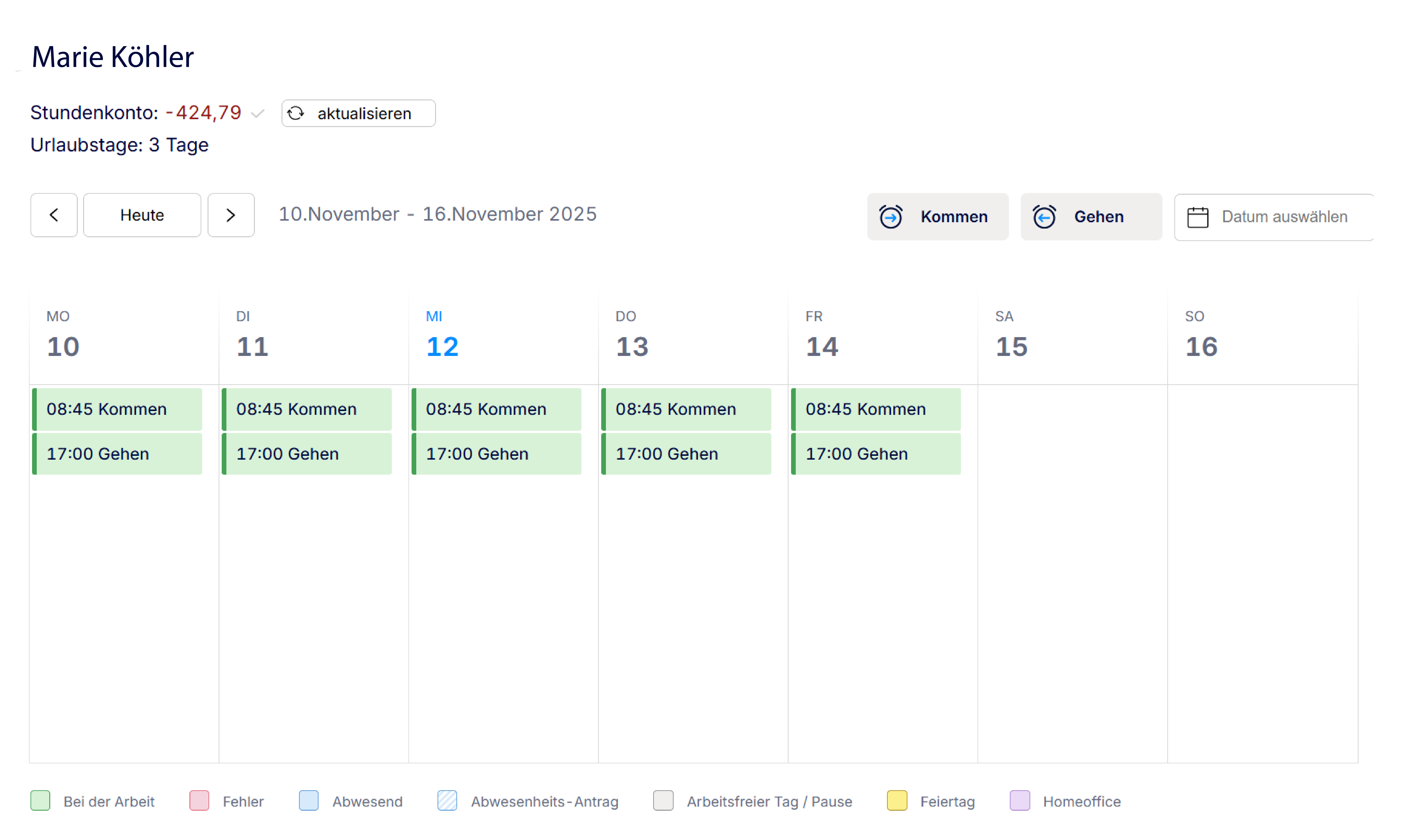 Wochenuebersicht Arbeitszeiten und Abwesenheiten